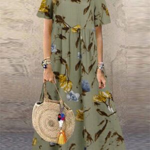 Vintage Floral Print Short Sleeve Loose Casual Maxi Dress